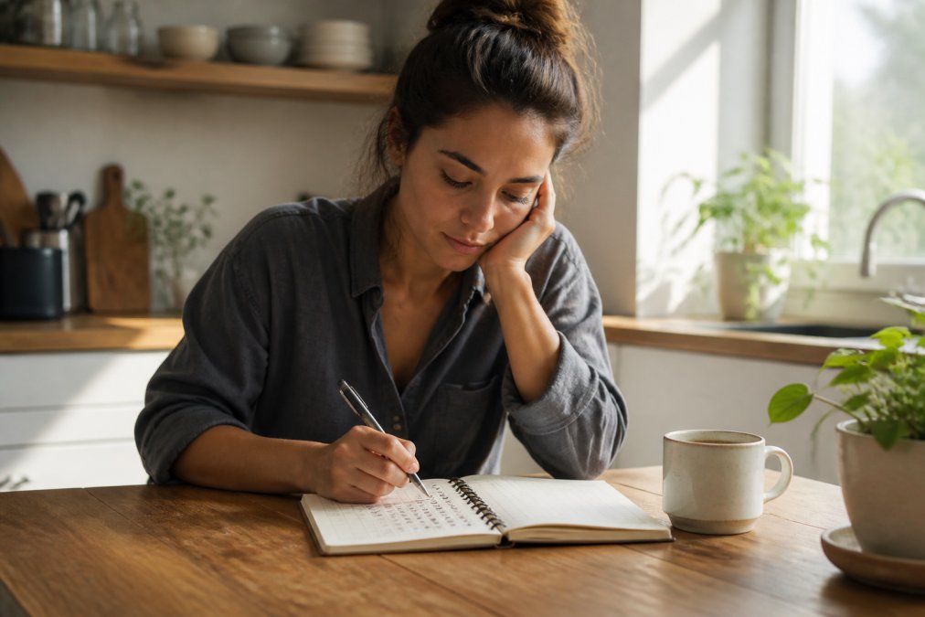 A person sitting at a kitchen table in the morning light, looking at a habit tracker notebook with a pen in hand, appearing thoughtful but not distressed, with a cup of coffee nearby
