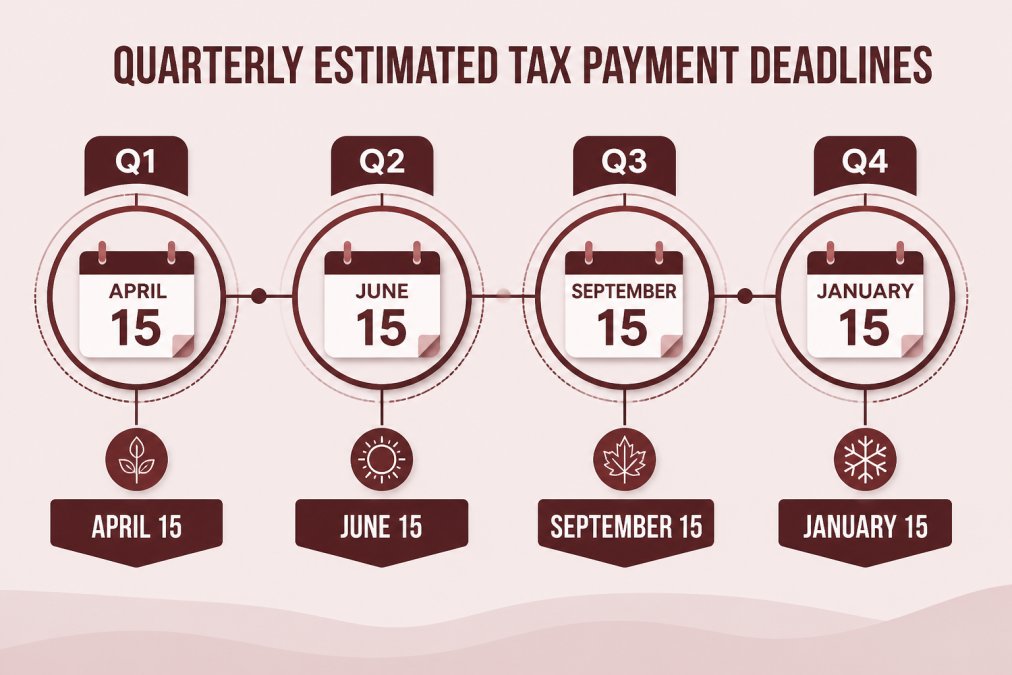 Timeline showing the four quarterly estimated tax payment deadlines throughout the year: April 15 for Q1, June 15 for Q2, September 15 for Q3, January 15 for Q4