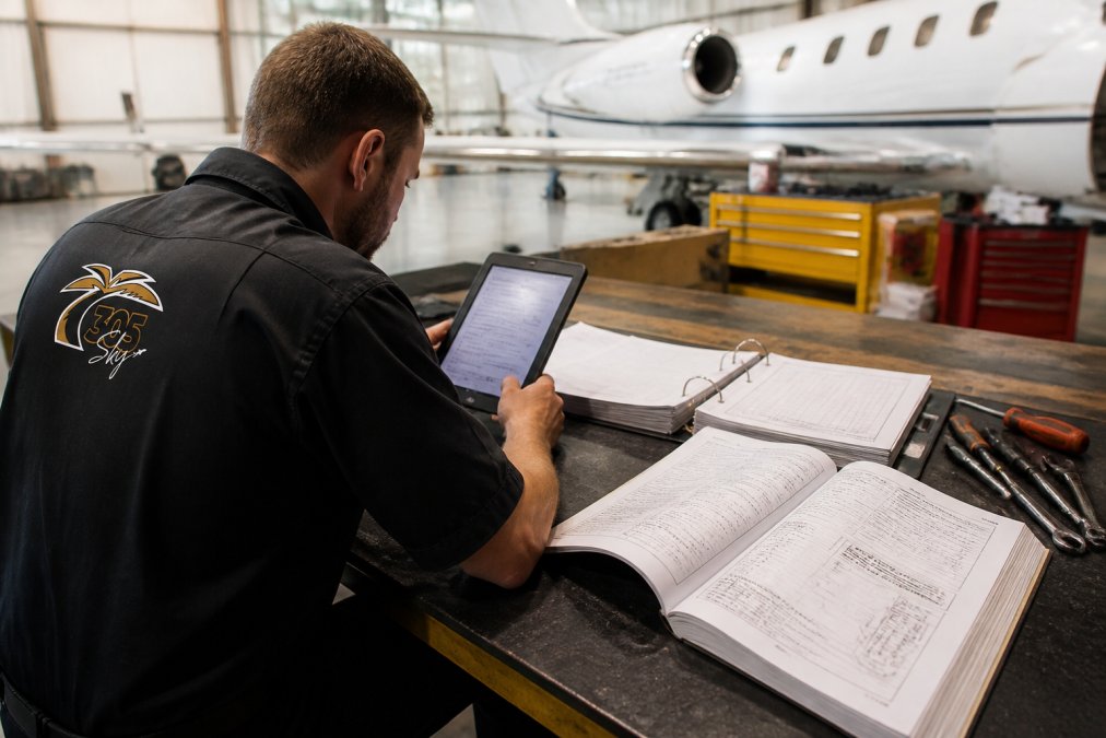 Aircraft maintenance technician at a workbench reviewing maintenance documentation on a tablet, with aircraft logs and technical manuals nearby, natural hangar lighting illuminating the workspace