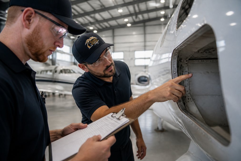 Two aviation professionals in a hangar inspecting aircraft components, one holding a checklist while examining the fuselage, bright hangar lighting and aircraft visible in background