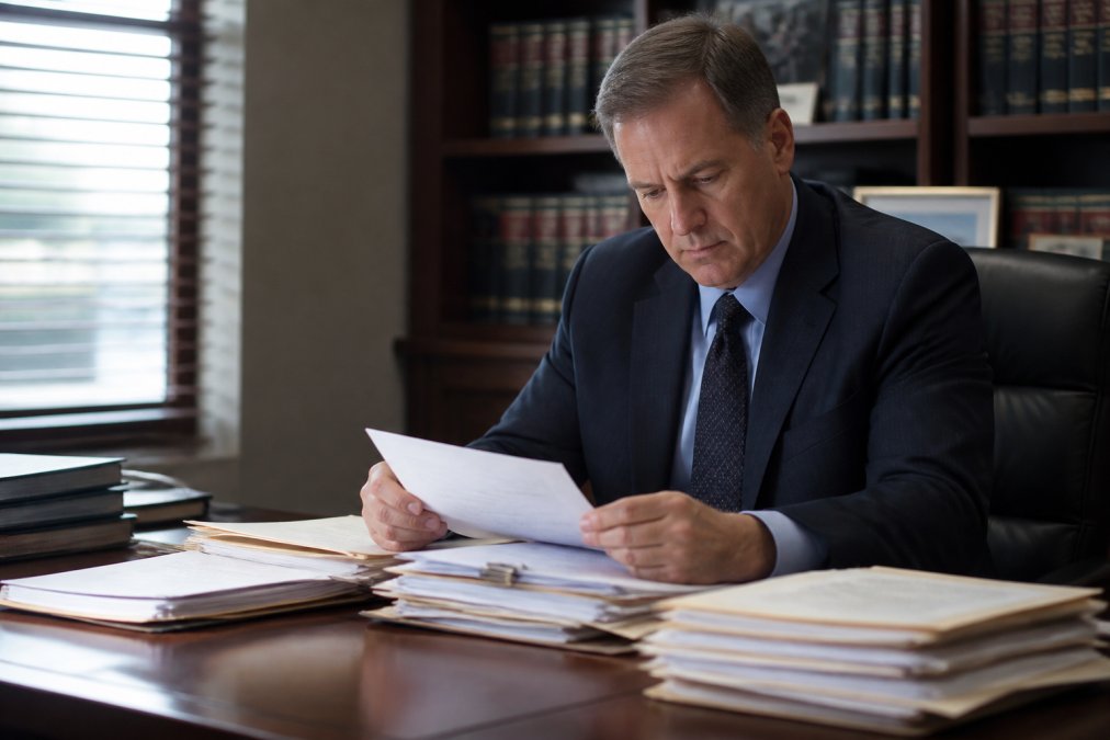 Defense attorney reviewing case documents and legal files at a desk in a law office with focused concentration and dim natural lighting from window