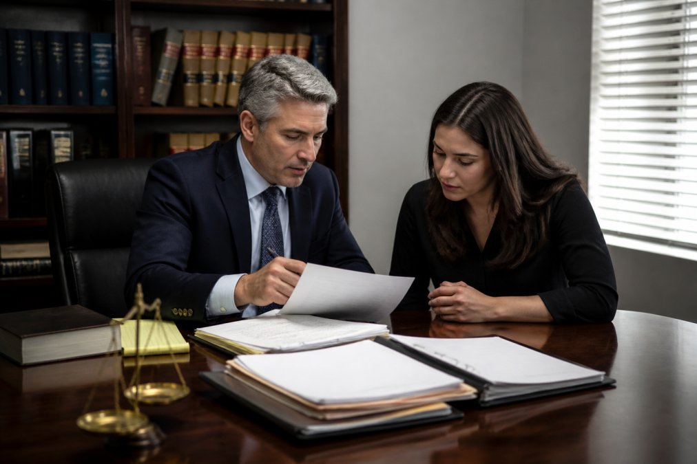 Defendant meeting with criminal defense lawyer in professional office setting, reviewing legal documents together with serious focused expressions