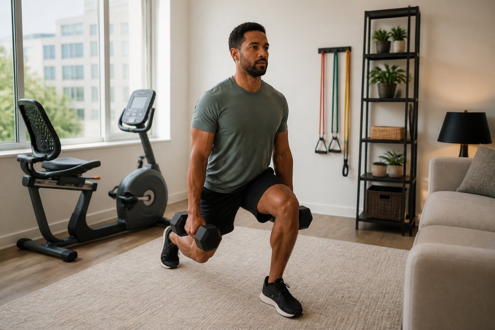 Person performing dumbbell exercises in a small apartment living room with a recumbent bike and resistance bands visible in the background, natural window lighting