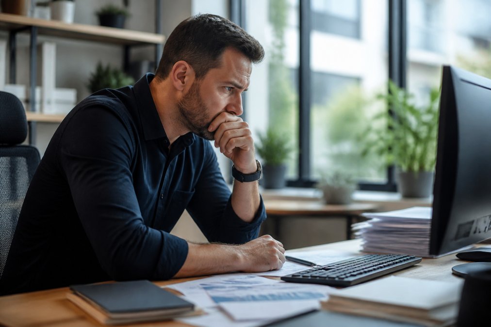 Business owner or marketing manager reviewing website analytics on a desktop computer, looking concerned at performance metrics and traffic data displayed on screen, sitting at modern office desk with natural window lighting