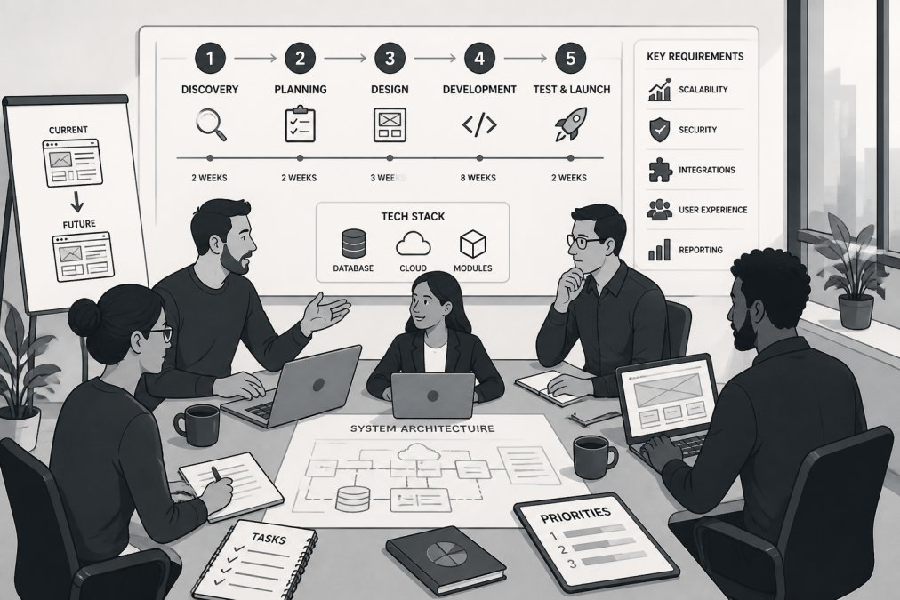 Team of web developers and business stakeholders collaborating around a table with laptops, notebooks, and architectural diagrams, discussing project planning and technical requirements in modern office setting with natural lighting