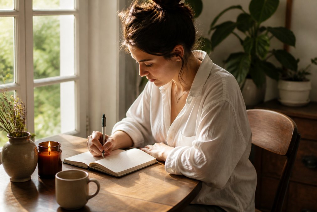 A woman in her 30s sitting at a small wooden desk by a window in the morning, writing in a journal beside a lit amber glass soy candle, warm natural light filling the room