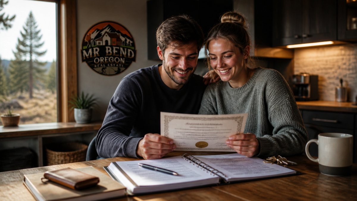 A first-time homebuyer couple sitting at a kitchen table with a laptop, reviewing a course completion certificate and mortgage paperwork, looking relieved