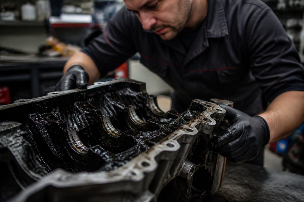 Mechanic examining engine block with visible dark sludge accumulation on internal metal components during diagnostic inspection under bright workbench lighting