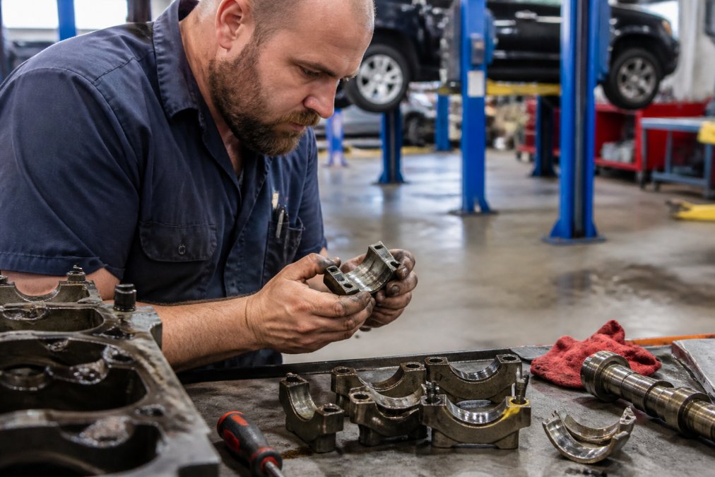 Professional mechanic inspecting severely damaged engine components with diagnostic tools on workbench, examining bearing damage and metal wear under bright workshop lighting