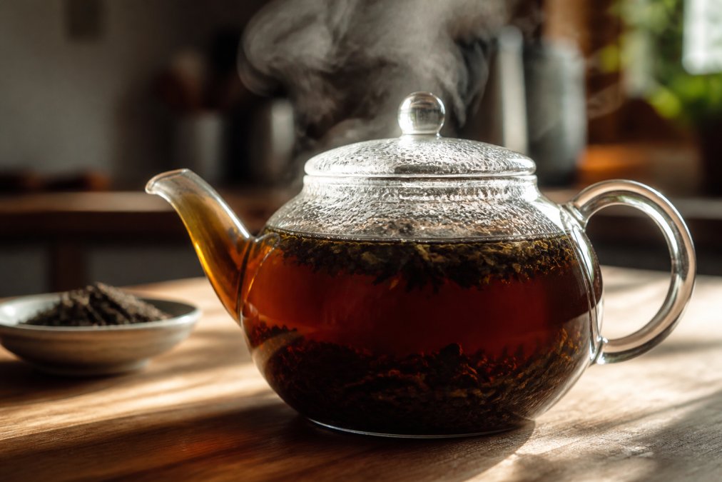 Close-up of a clear glass teapot filled with very dark, murky amber tea, loose leaves visible inside, steam rising, on a wooden kitchen counter in warm afternoon light