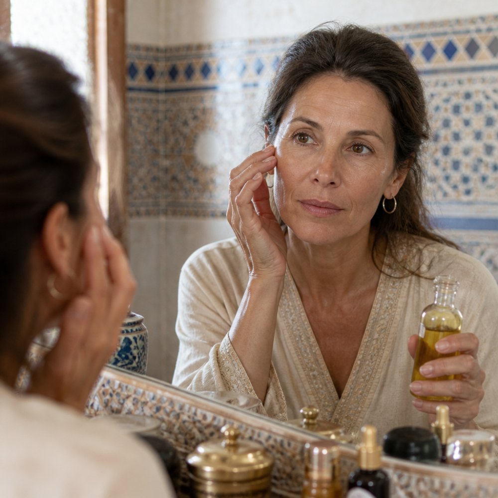 A woman in her 40s examining her skin in a bathroom mirror, soft natural light, holding a simple glass bottle of facial oil