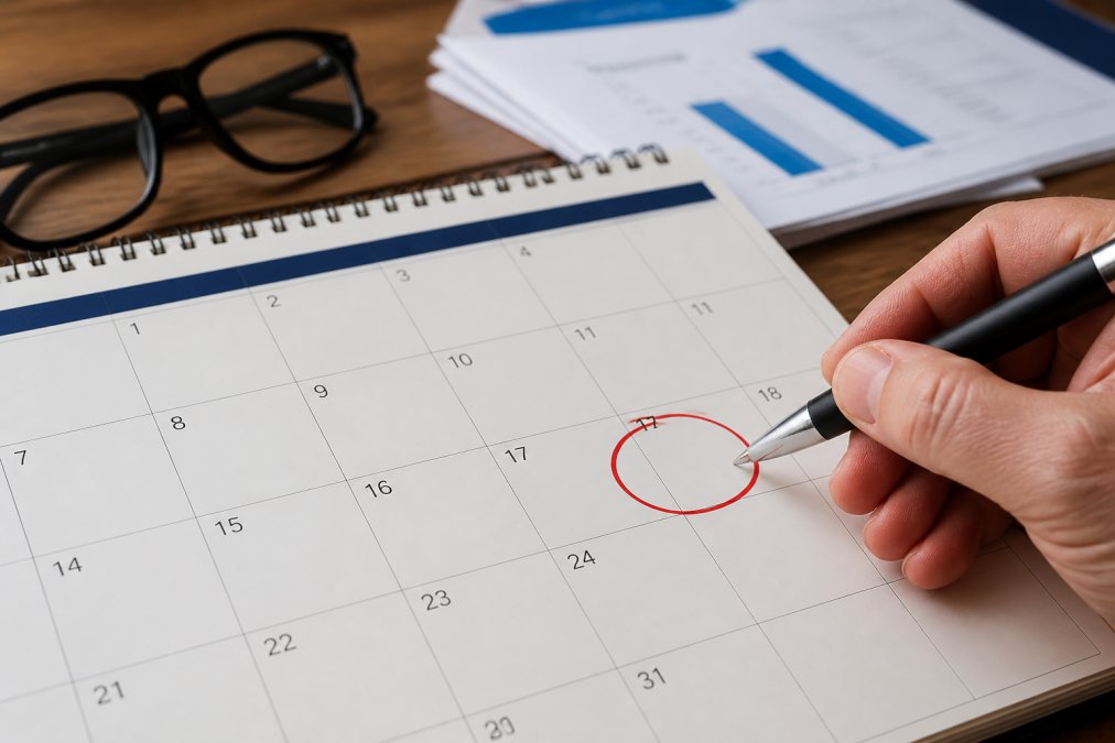 Close-up of a calendar with a circled date and a pen marking a deadline, natural desk lighting with insurance documents nearby