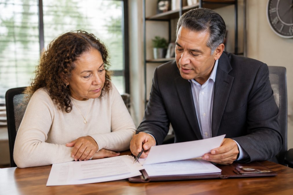 Insurance agent and client reviewing policy documents together at a desk in a modern office, warm lighting with the agent pointing to specific policy terms