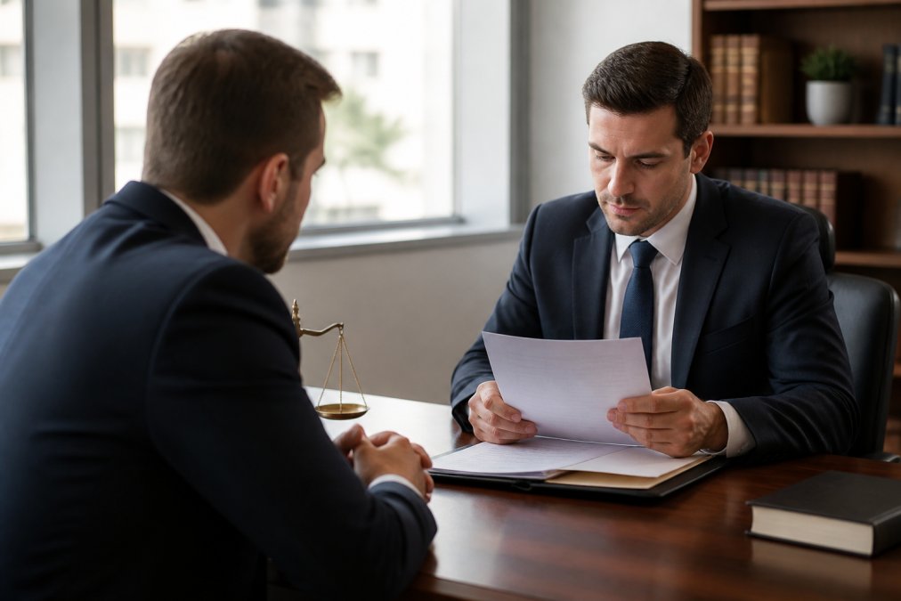 Professional man in business attire sitting at desk across from lawyer reviewing court documents in modern office with natural lighting from windows