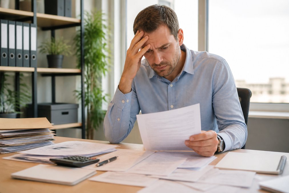 Working professional in business casual attire appearing stressed while reviewing financial statements and bills at desk in modern office setting