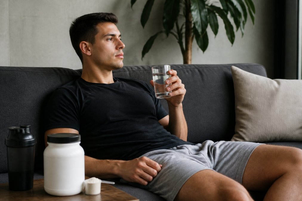 Person at rest at home, relaxed on a couch with a glass of water and supplement container nearby, representing sedentary supplementation
