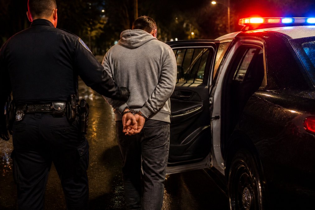 A person in handcuffs being guided into a police vehicle at night, red and blue emergency lights reflecting on wet pavement