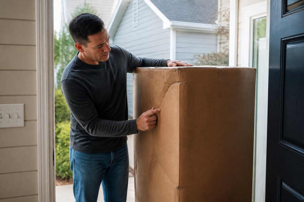 Homeowner examining a refrigerator box at the front door, checking for visible damage, dents, and packaging condition with careful attention to detail