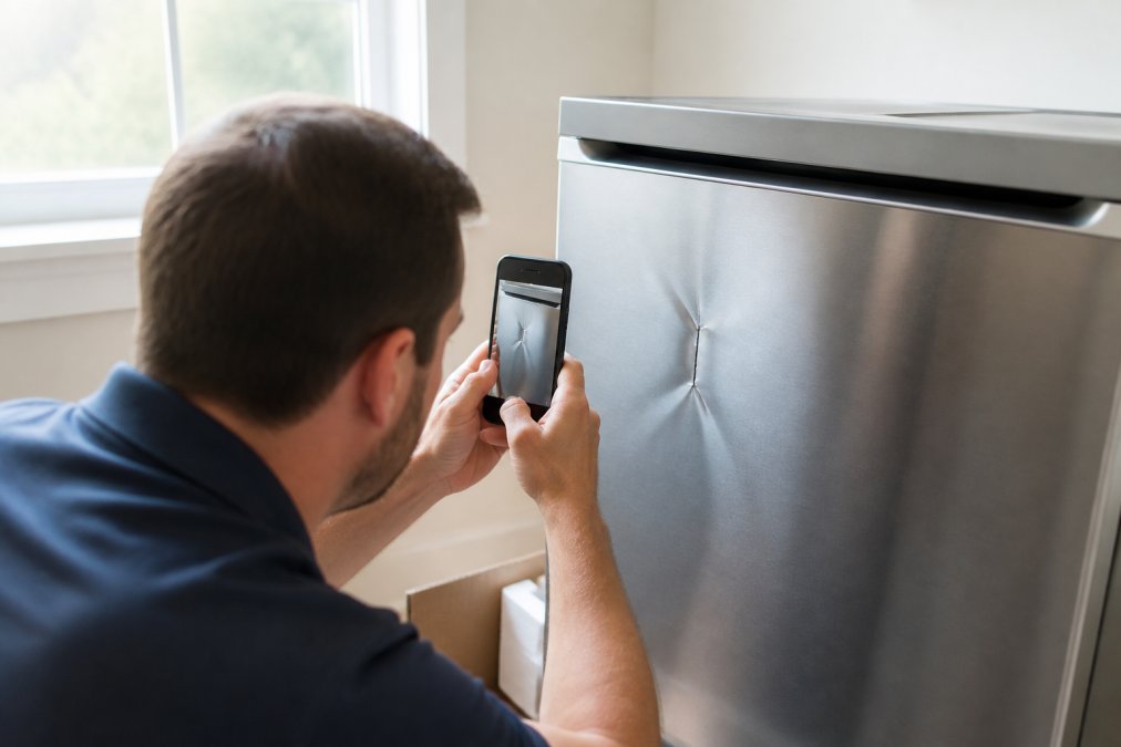 Person taking close-up photos of appliance damage with a smartphone, showing a dent or crack with bright natural lighting from a window