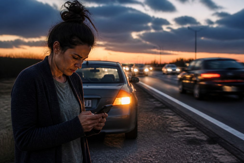 Concerned driver checking a phone while their car breaks down on a busy highway shoulder at dusk.