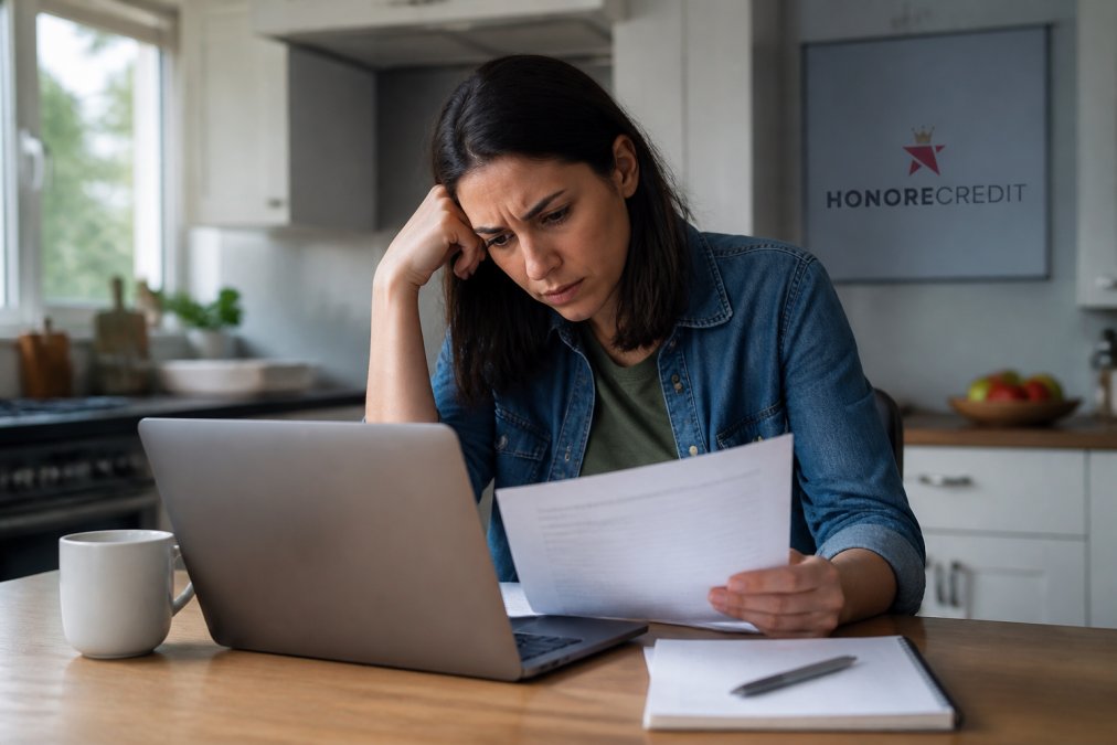 A concerned person reviewing a credit report on a laptop at a kitchen table, with a coffee mug and notepad nearby, soft natural light