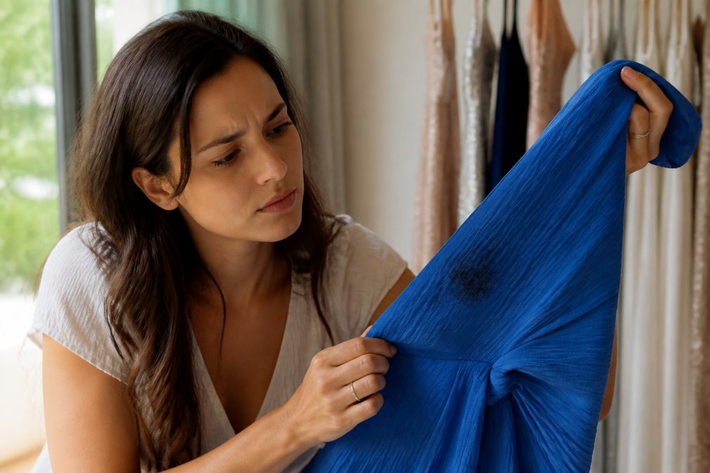 Woman examining a stain on a blue formal dress, holding it up to the light with a concerned expression, close-up of the damaged fabric area