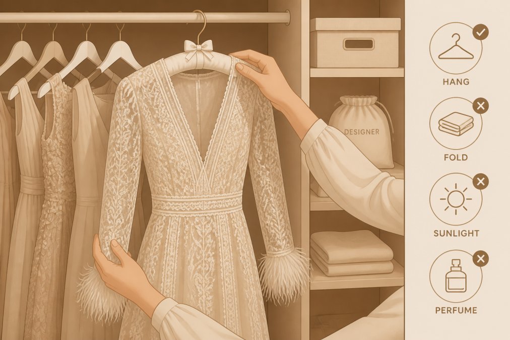 Hands carefully placing a delicate designer dress on a padded hanger in a wardrobe, showing gentle handling and proper storage setup