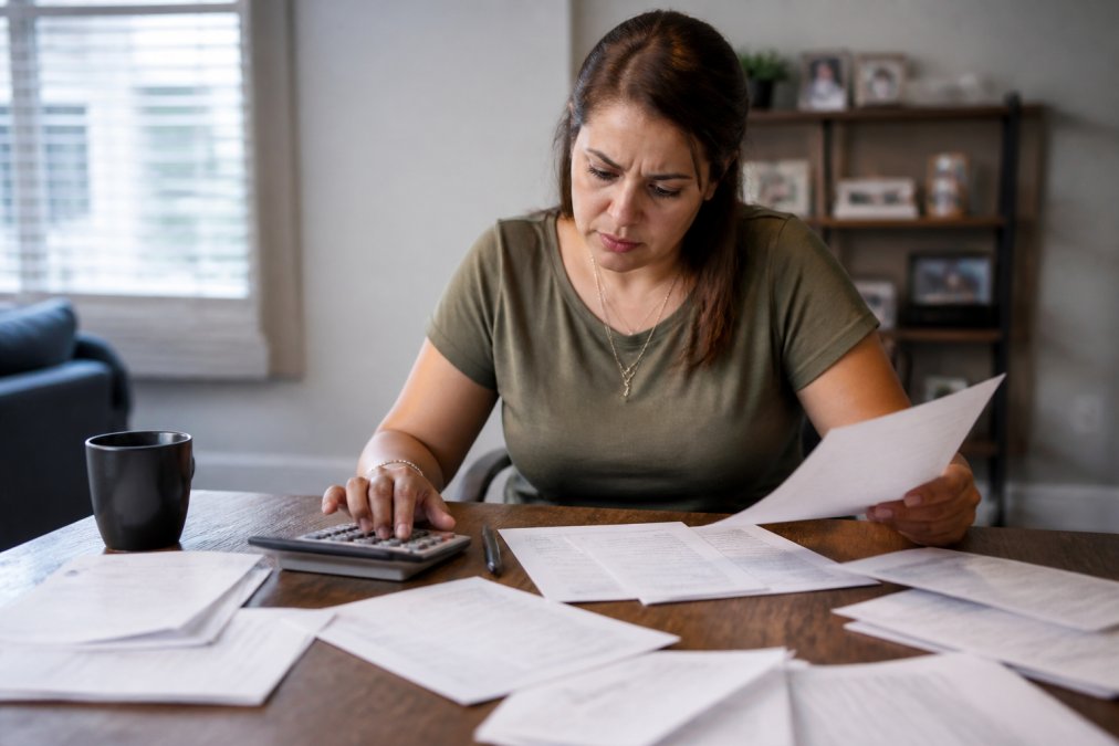 Person reviewing medical bills and financial documents at a desk, looking concerned while holding paperwork and checking a calculator