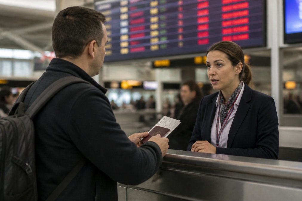 A traveler standing at an airport gate counter speaking with an airline staff member, holding a passport and boarding pass, with a departure board showing a cancelled flight in the background