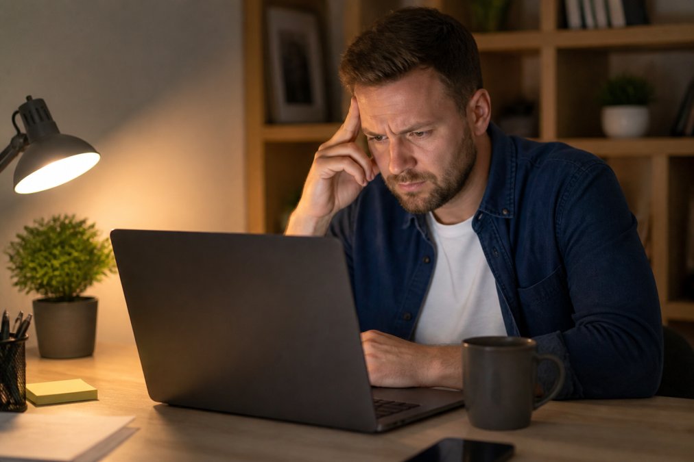 A small business owner in a home office, brow furrowed, staring at a laptop screen displaying a website error page, warm lamp light and a mug of cold coffee beside the keyboard