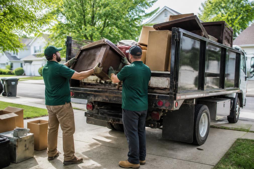 A junk removal truck parked in a residential driveway with two workers loading old furniture and boxes into the truck bed on a sunny day