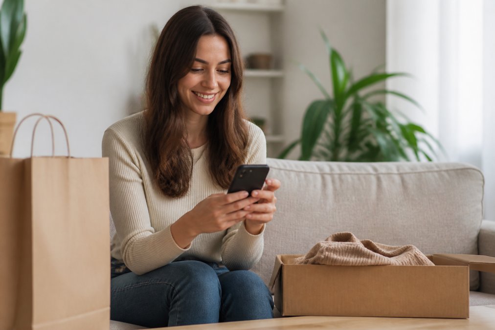 A woman smiling while using the Klarna app on her smartphone to initiate a return, with a shopping bag and a package nearby