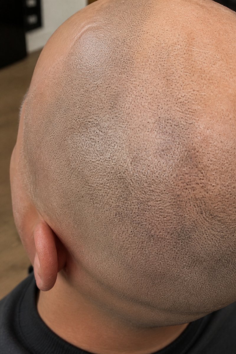 Close-up of scalp showing natural softening and gradual lightening of micropigmentation pigment over time, with visible blending into skin