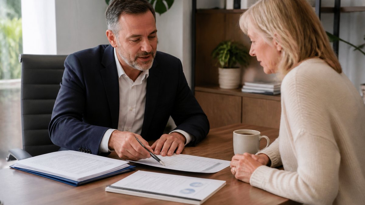 Financial adviser discussing superannuation beneficiary options with a client in a professional office