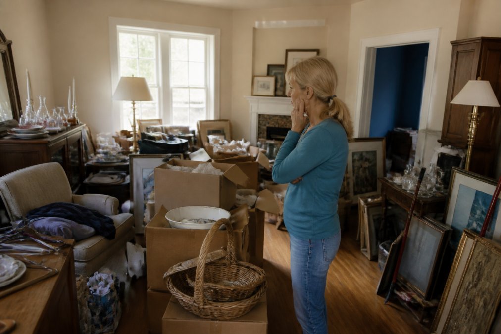 Family member standing in a room with various household items, furniture, and personal belongings remaining after an estate sale, showing a mix of different goods that didn't sell, natural afternoon light streaming through windows