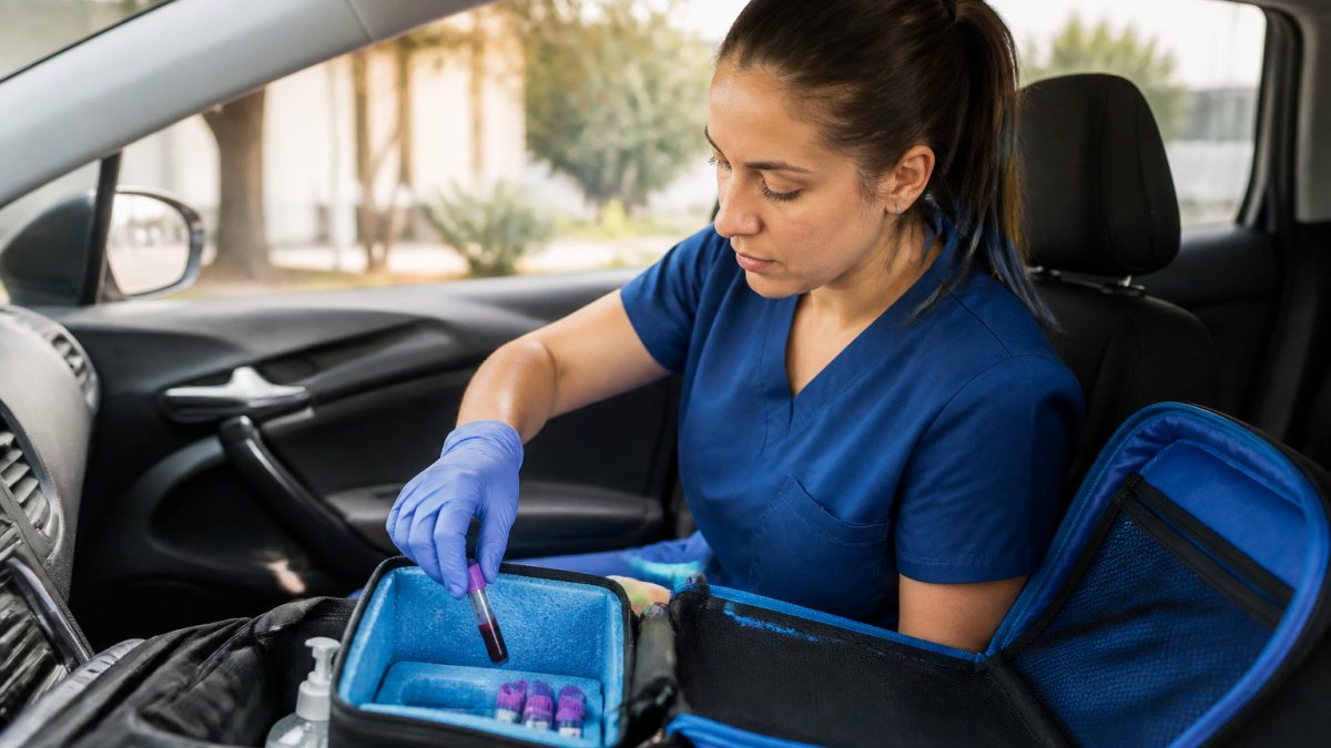 A licensed phlebotomist in medical scrubs carefully placing a labeled blood collection tube into a padded transport container inside a mobile phlebotomy bag, with a car interior visible in the background