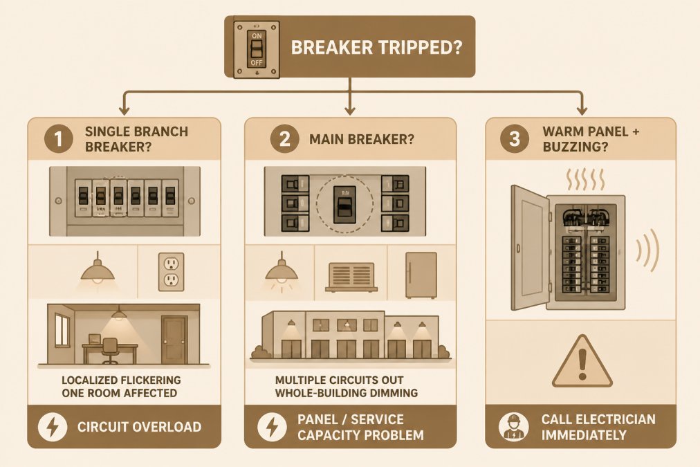 Flowchart distinguishing circuit overloads from commercial electrical panel capacity issues.
