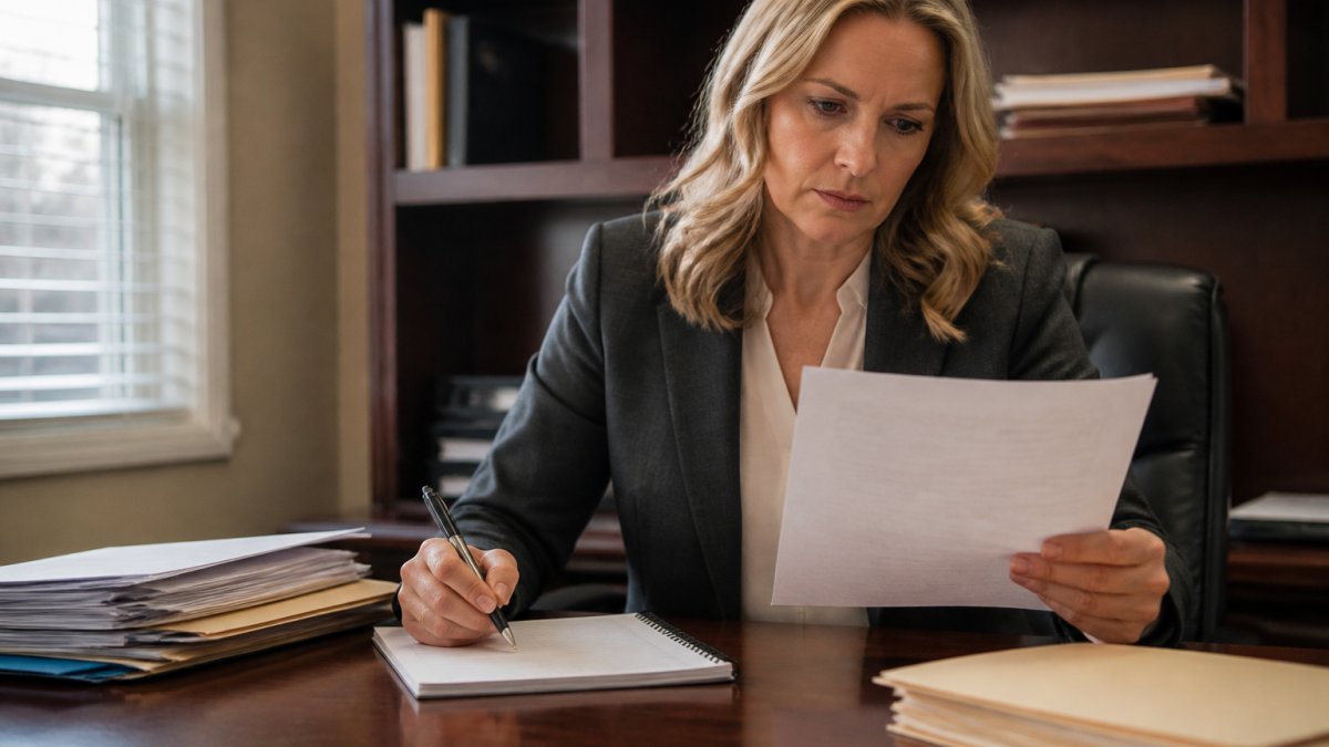 Professional reviewing insurance denial letter at desk with notepad and pen, natural office lighting, focused expression