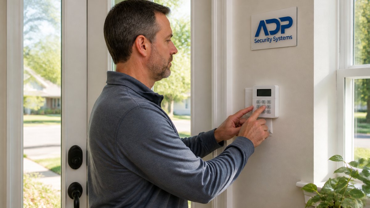Homeowner standing calmly at front door keypad during daytime, hands positioned on numbered keypad with composed expression, natural light from window illuminating the entry area