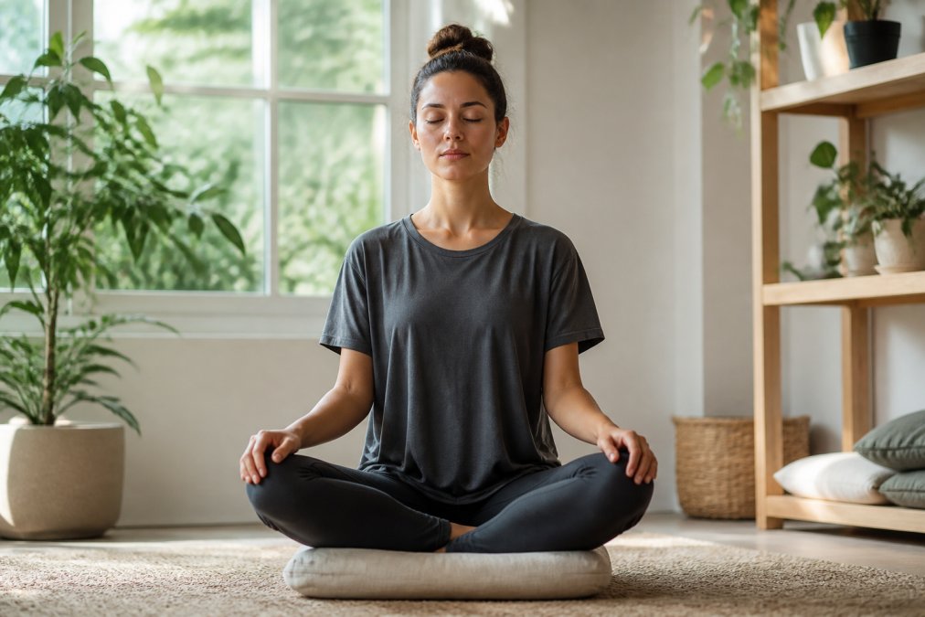Person seated comfortably on meditation cushion in peaceful home environment with soft natural light filtering through windows, hands resting gently on knees, calm expression with shoulders relaxed