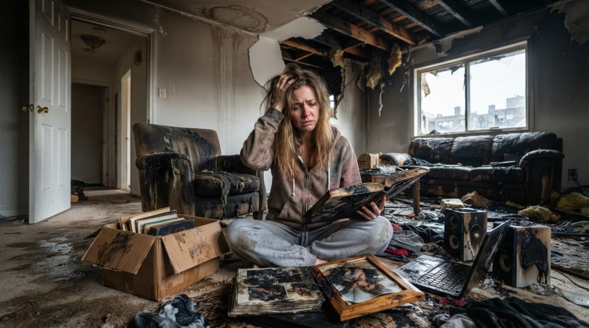 Tenant looking distressed while reviewing damaged personal belongings and water-stained furniture in an apartment after water damage incident
