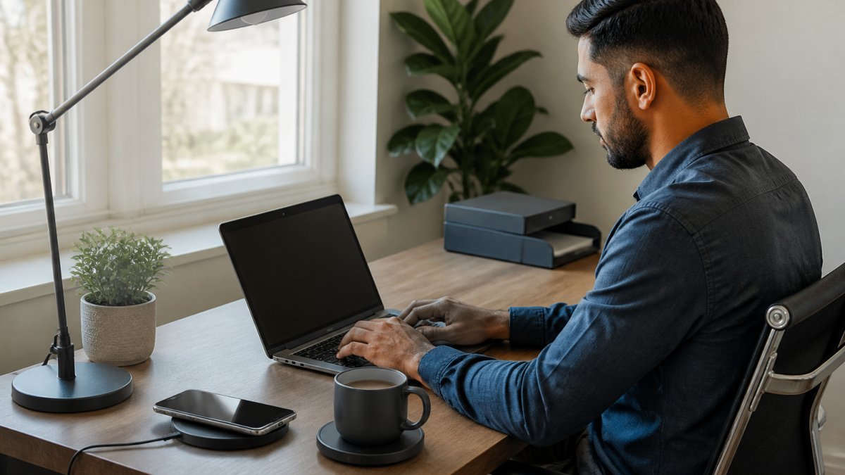 Diagram illustrating an organized, productive home workspace setup with essential desktop devices and lighting.