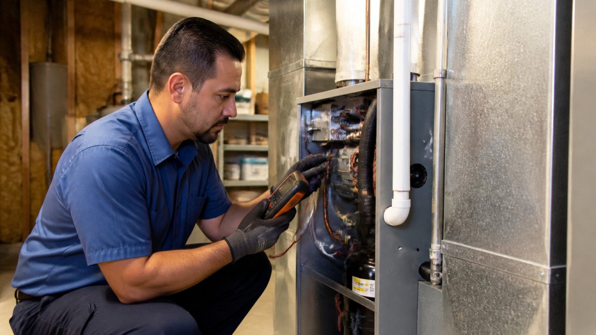 Technician checking an HVAC system, one of the home repairs covered maintenance plans often includes.