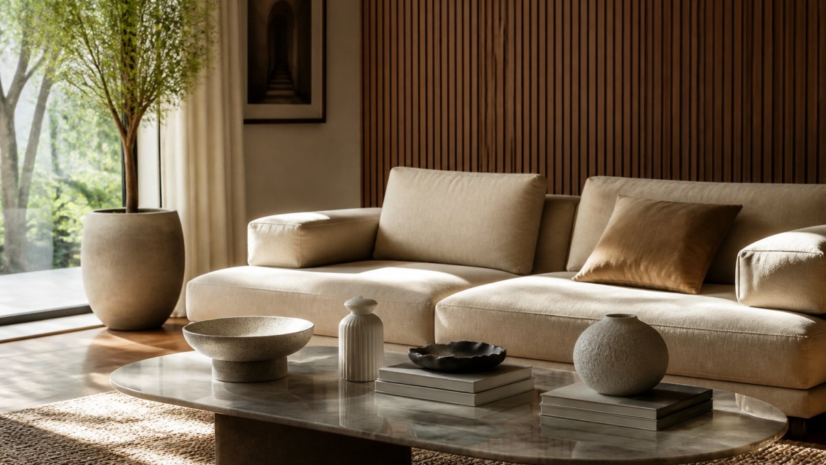 A living room corner with a beige sofa, fluted wood paneling on the wall, and a coffee table styled with impersonal decorative objects, shot in natural daylight