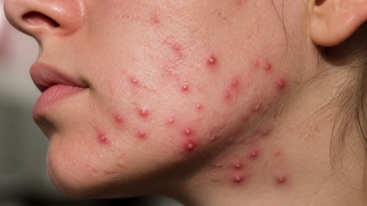 Close-up of skin showing deep red inflammation, tender bumps, and pustules characteristic of hormonal acne on lower face and jawline area with visible redness and texture