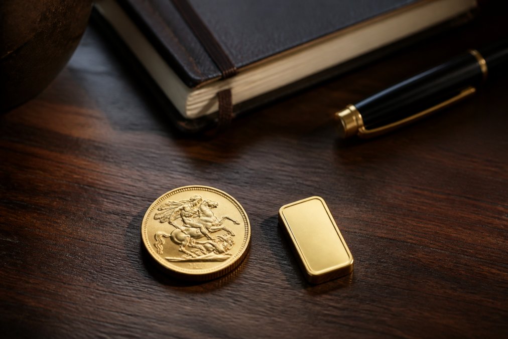 Gold sovereign coin and small gold bar on a desk to show what if I invested $1000 in gold 10 years ago?