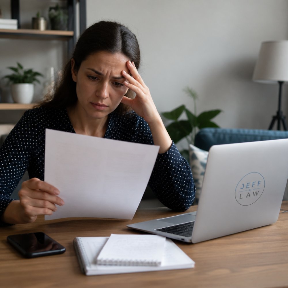 A person sitting at a desk with a laptop and a smartphone, looking at a legal document with a concerned expression, in a home office setting