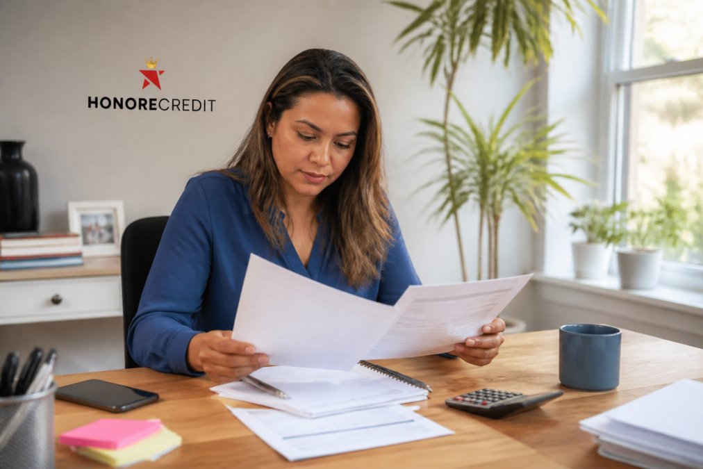 Professional reviewing personal credit report details on computer screen at home office with documents, calculator, and notepad nearby, natural window lighting