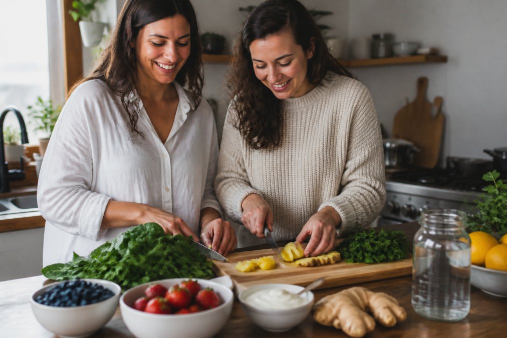 Fresh whole foods like leafy greens and berries arranged on a kitchen counter for a microbiome friendly meal prep