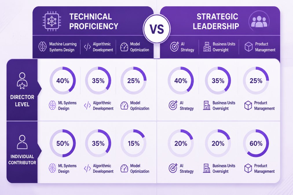 Skills matrix comparing Technical Proficiency (machine learning systems design, algorithmic development, model optimization) vs. Strategic Leadership (AI strategy, business units oversight, product management) for director-level and individual contributor roles in AI